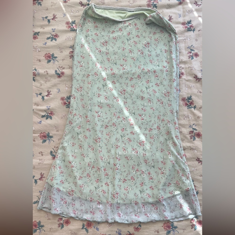 Mint Floral Mesh Midi Skirt